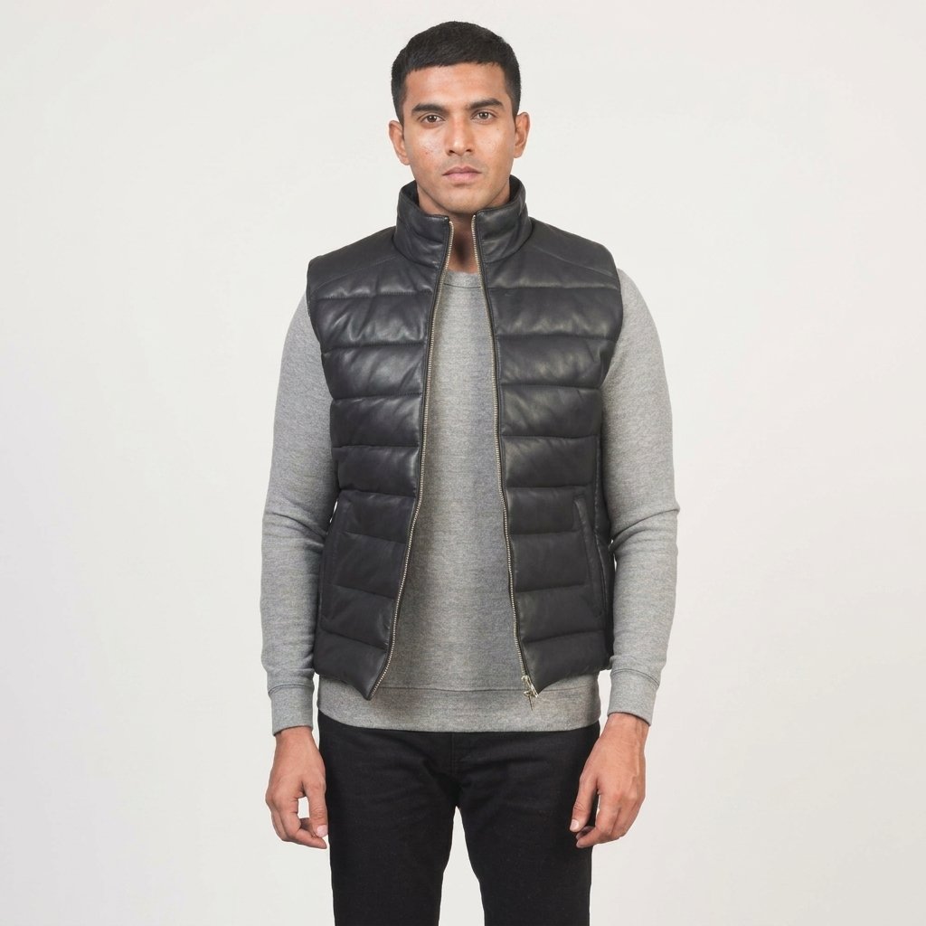 Reeves Black Leather Puffer Vest - Image 1