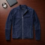 Dravox Charcoal Navy Blue Suede Biker Jacket - Image 3