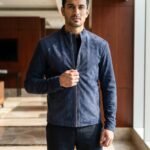 Dravox Charcoal Navy Blue Suede Biker Jacket