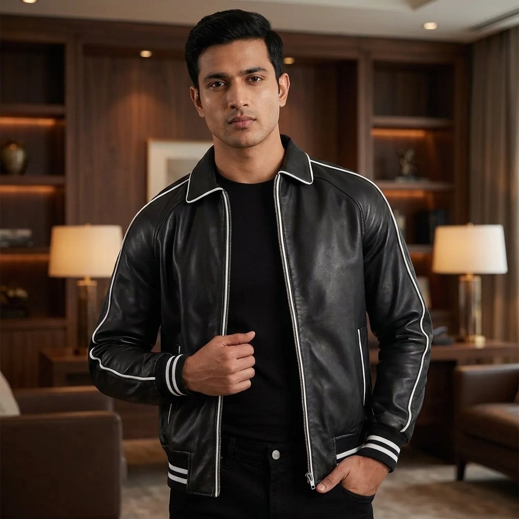 Dravox Cooper Black Leather Varsity Jacket - Image 1