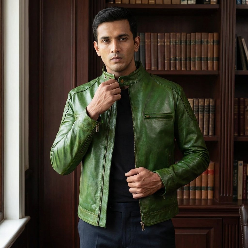 Dravox Green Leather Biker Jacket - Image 1