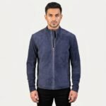Dravox Charcoal Navy Blue Suede Biker Jacket - Image 2